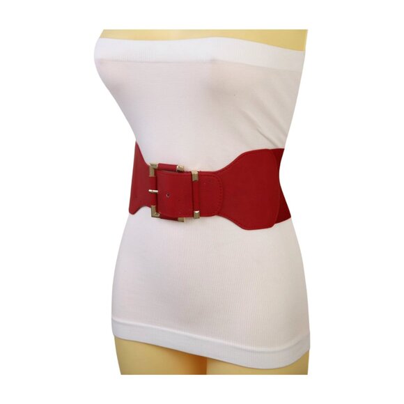 New Women Red Elastic Wide Fashion Belt Hip High Waist Gold Square Buckle S M - Picture 4 of 16